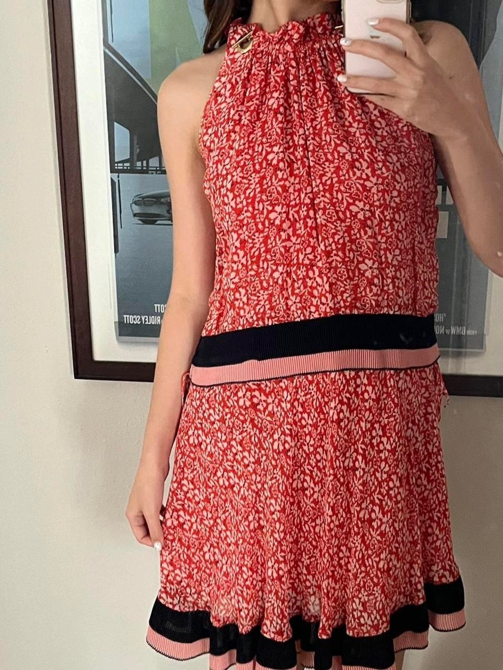 Derek Lam Silk Coral-Pink Printed Sleeveless Dress with Gold Hardware - 6